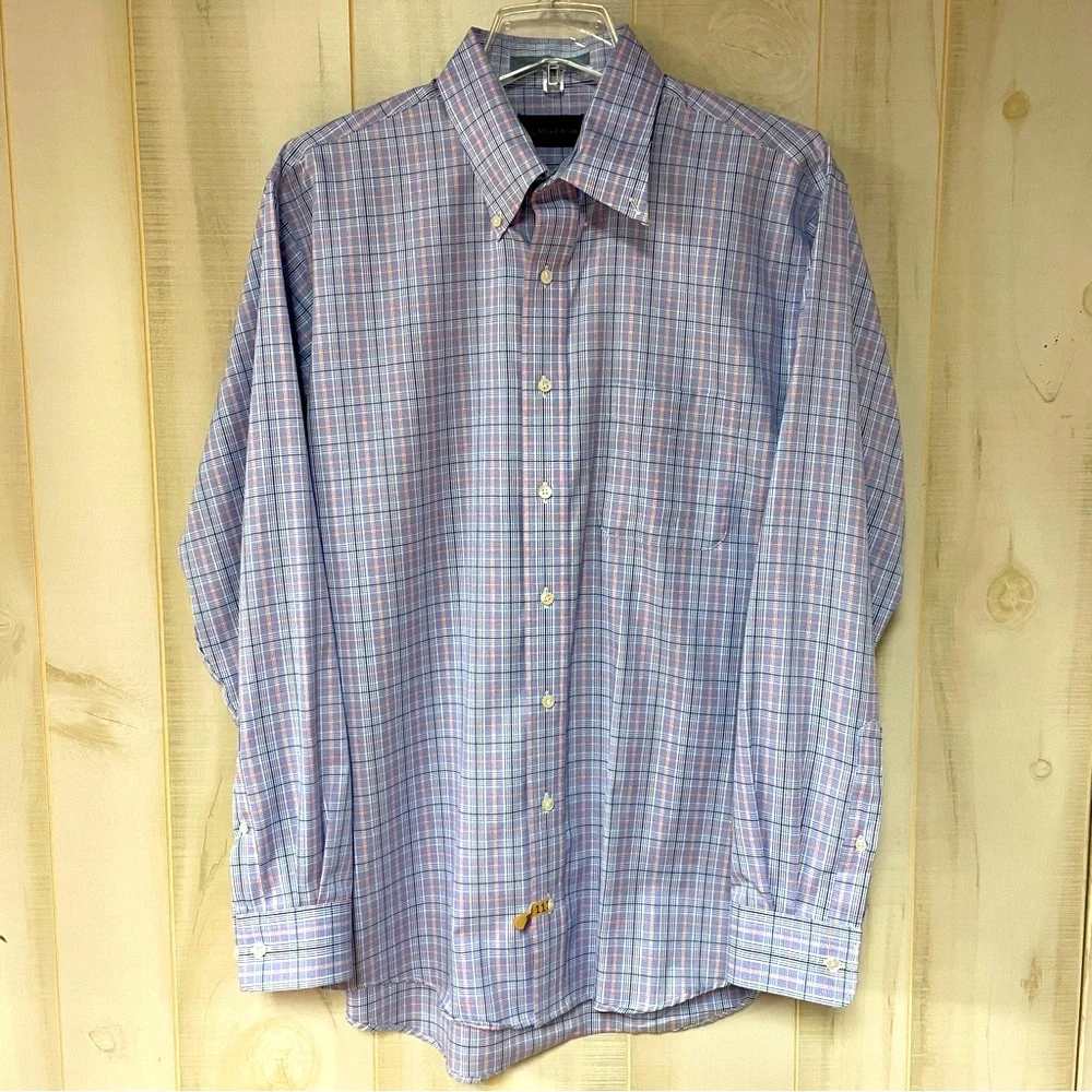Allen Edmonds Blue White Red Plaid 100% Cotton Button Down Shirt Sz L - Picture 1 of 4